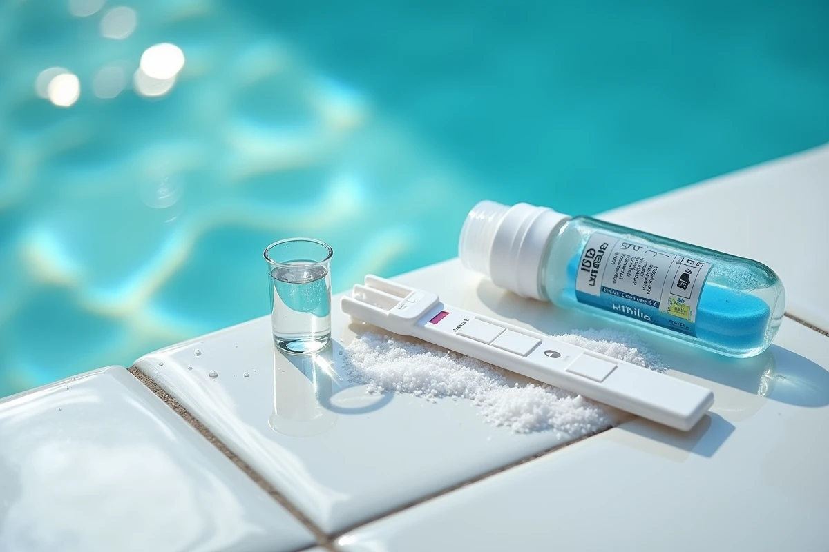 Kit de test du pH et sel de piscine posés sur le bord carrelé d'une piscine pour mesurer l'équilibre chimique de l'eau