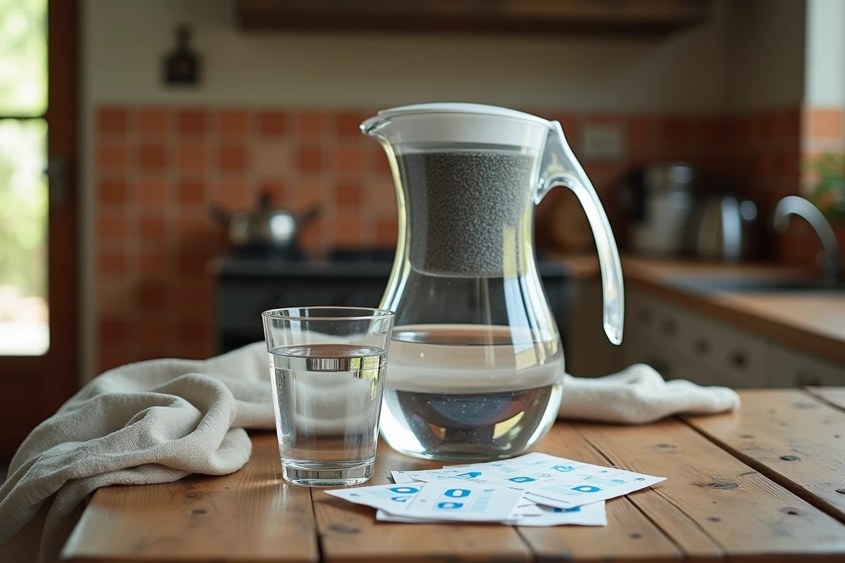 Verre d'eau filtrée, pichet à filtre à charbon actif et bandelettes de test de qualité de l'eau sur une table en bois
