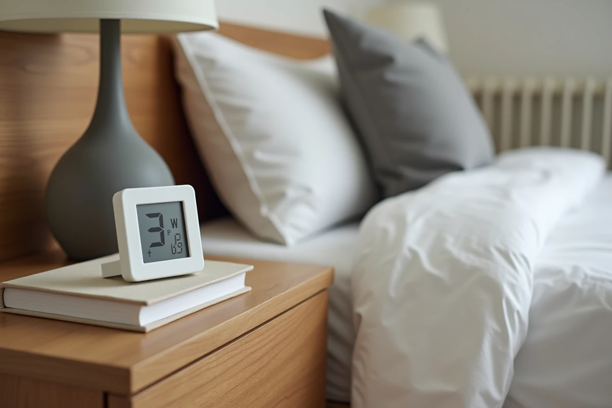 Thermomètre intérieur posé sur une table de chevet en bois dans une chambre, éloigné du radiateur et des murs extérieurs