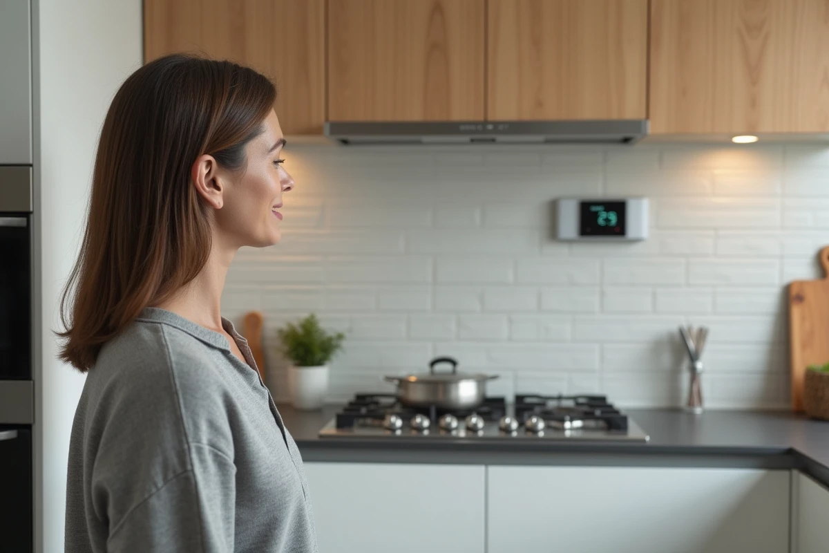 Femme observant un thermomètre numérique fixé sur le mur d'une cuisine moderne, loin des sources de chaleur