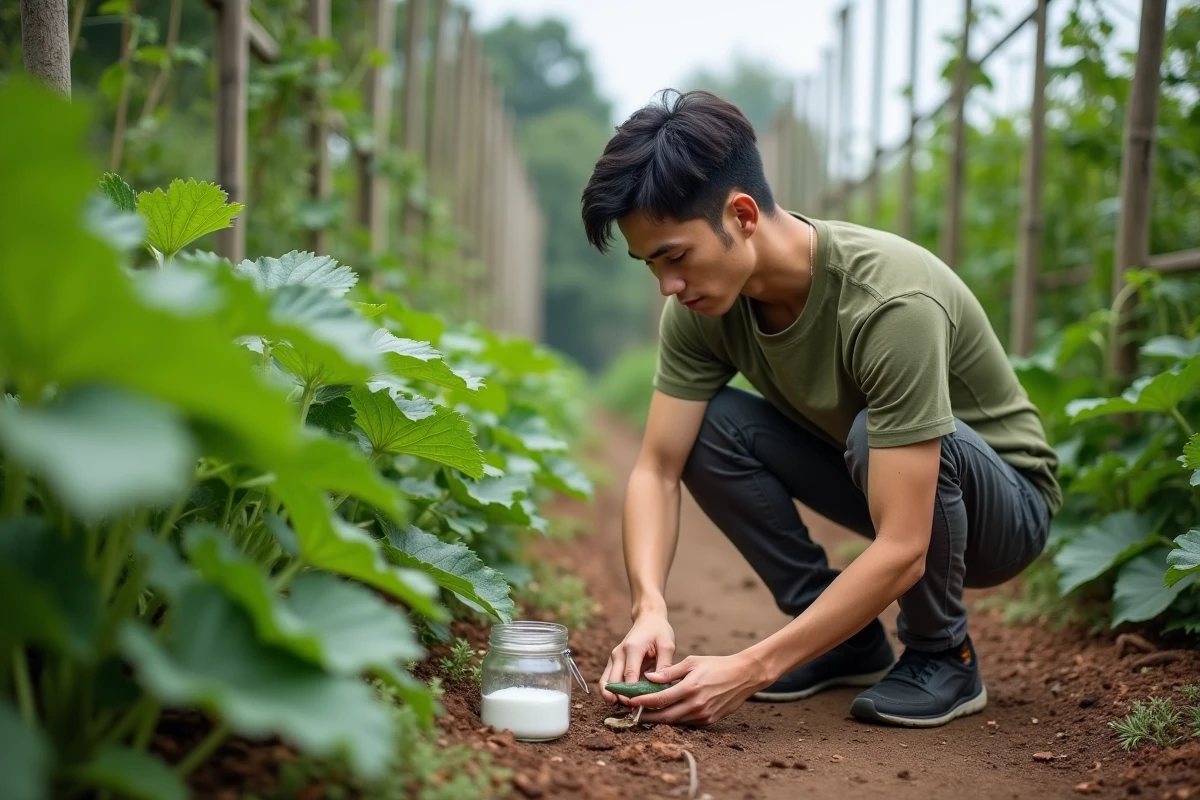 Homme examinant des feuilles de concombres dans un potager avec du bicarbonate de soude posé au sol