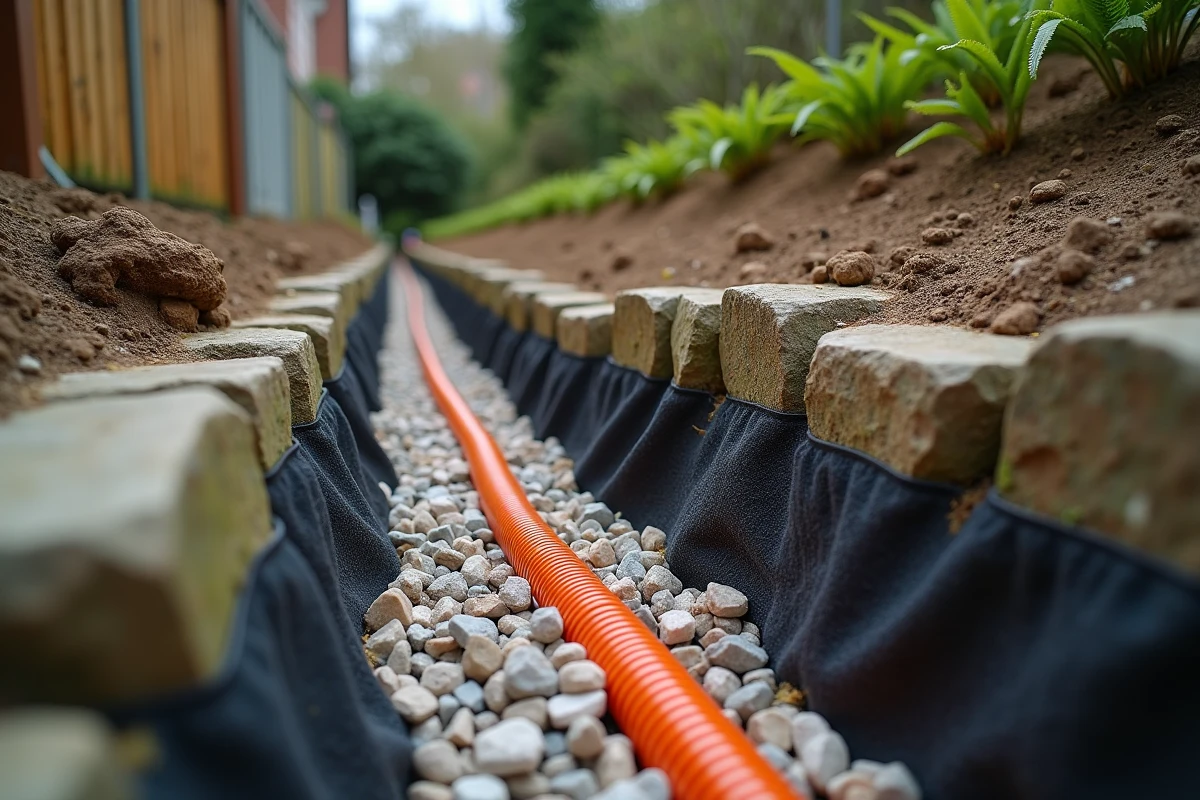Détail d'une tranchée drainante avec géotextile et gravier concassé contre un mur de soutènement en pierre sur terrain pentu