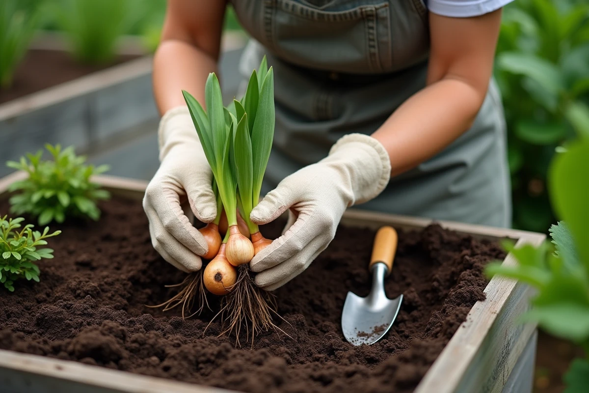 Femme jardiniè re soulevant un bulbe de lys de la terre avant la floraison pour le transplanter