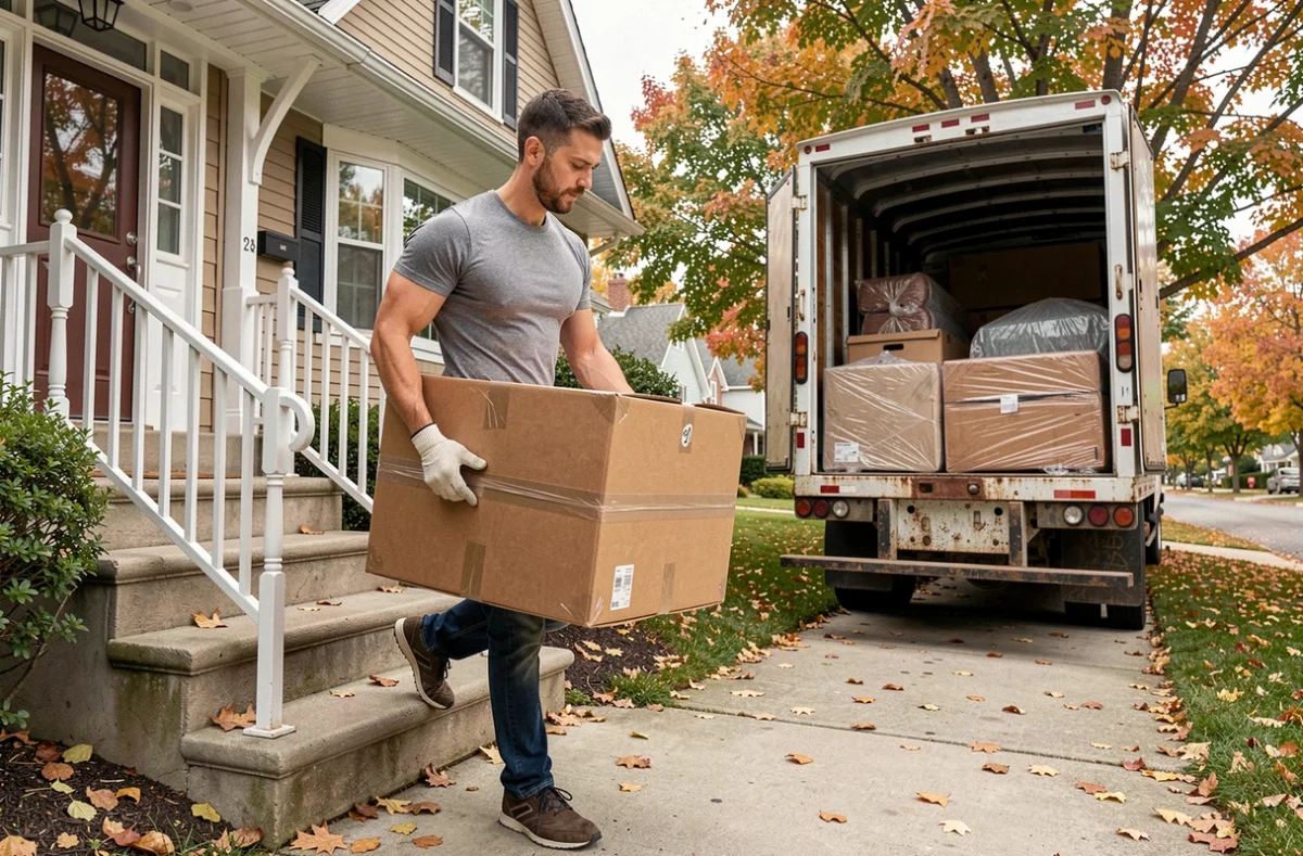 Homme portant un carton lourd vers un camion de déménagement devant une maison en banlieue
