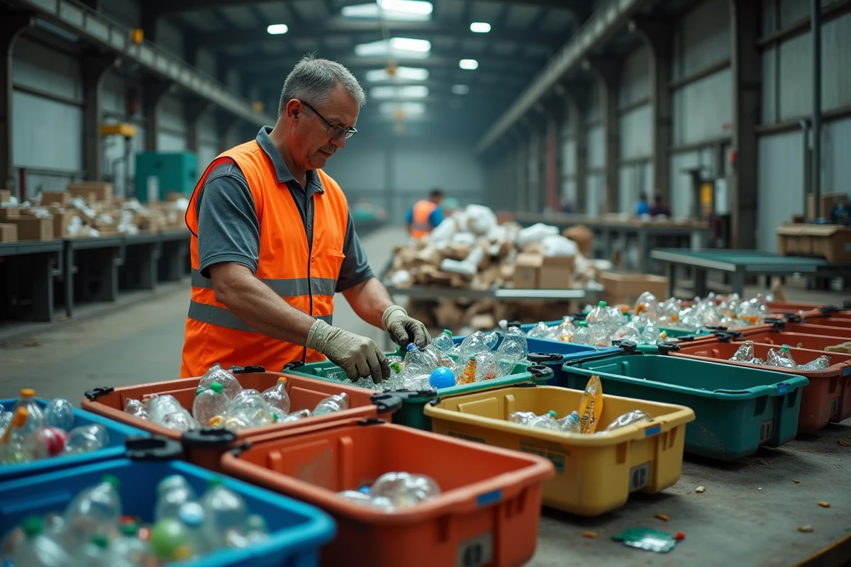 Ouvrier en centre de tri séparant différents types de déchets recyclables dans des bacs colorés lors d'une session de classification industrielle