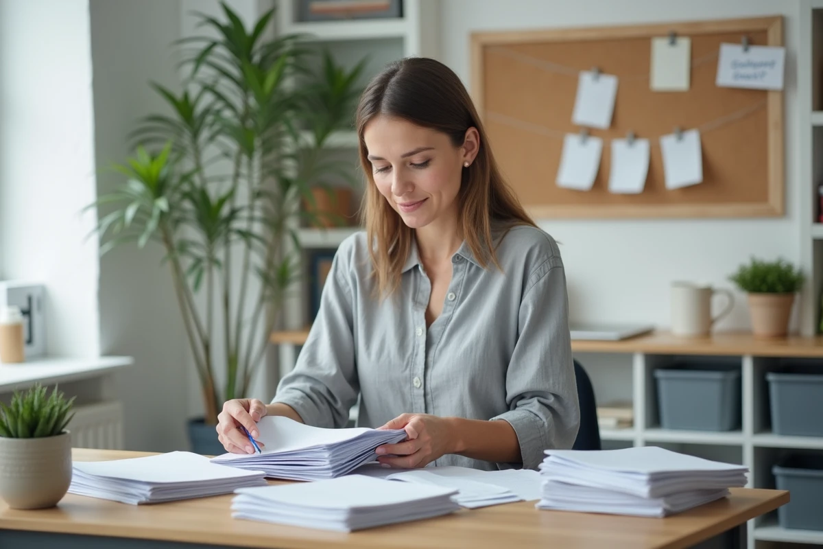 Femme en train de trier des papiers administratifs dans des dossiers étiquetés sur un bureau en bois dans un bureau à domicile organisé