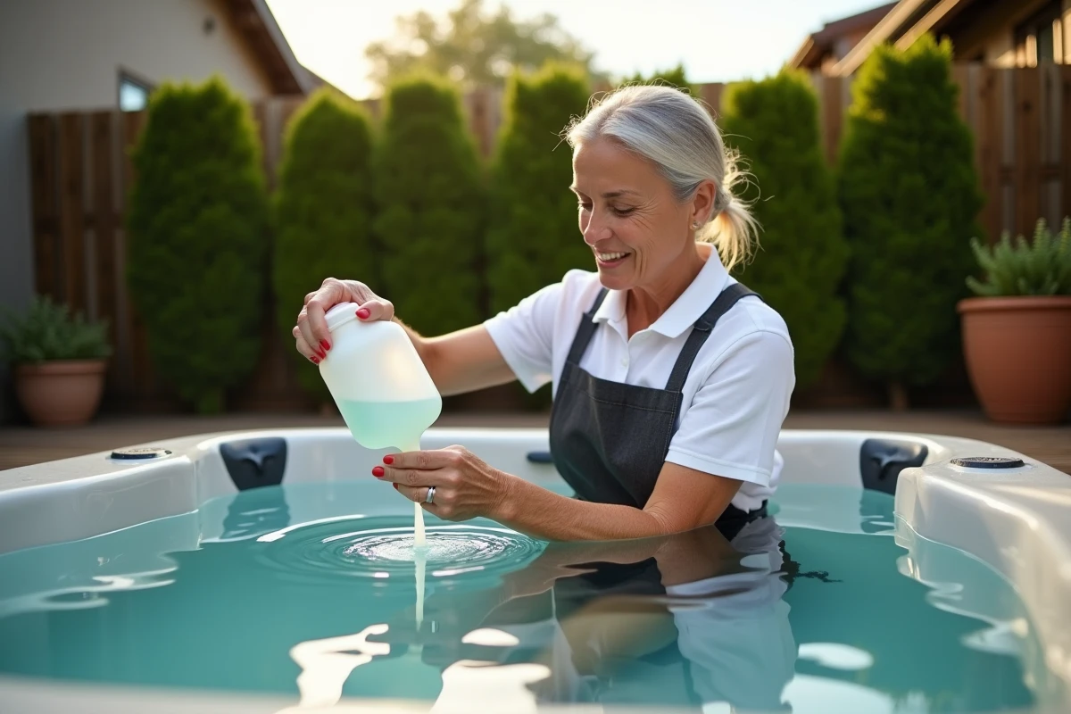 Femme versant du chlore liquide dans un spa extérieur sur une terrasse en bois, geste précis et sécurisé