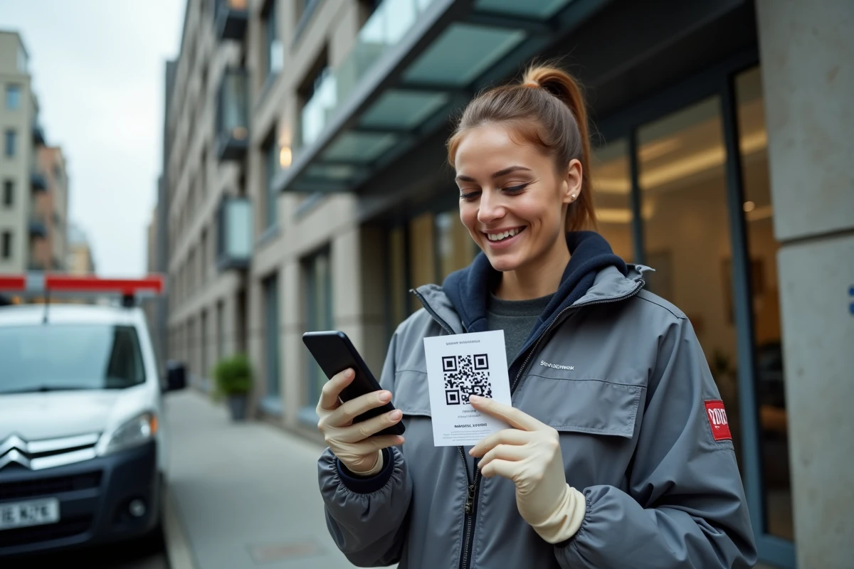 Plombière vérifiant l'agrément professionnel via smartphone devant un immeuble moderne