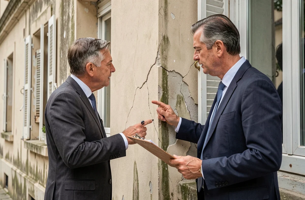 Expert inspectant une façade dégradée avant l'établissement d'un devis de ravalement
