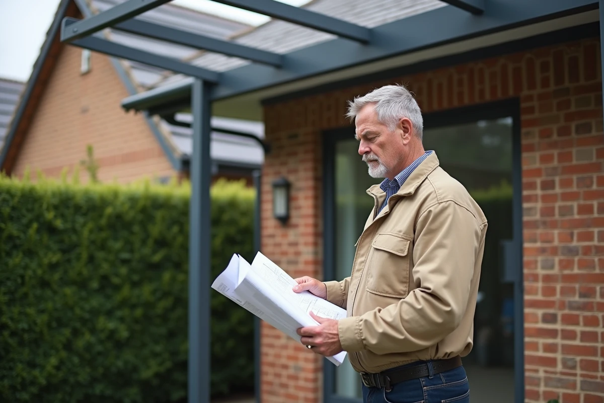 Homme consultant des plans de construction devant une pergola métallique adossée à une maison en briques