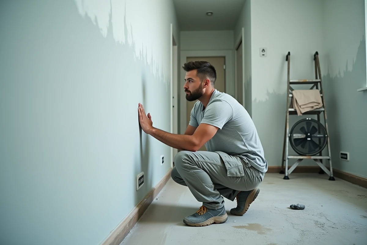 Homme vérifiant le séchage d'un mur lavé avant d'appliquer la peinture dans un couloir