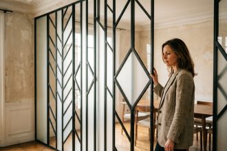 Verrière art déco en acier noir séparant salon et salle à manger dans un appartement parisien avec parquet en chevrons