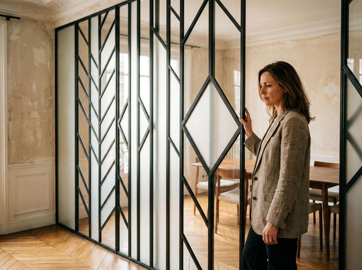 Verrière art déco en acier noir séparant salon et salle à manger dans un appartement parisien avec parquet en chevrons