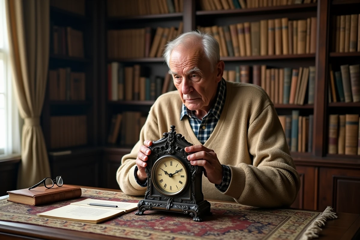 Vieil homme remontant une horloge de cheminée ancienne dans un bureau classique