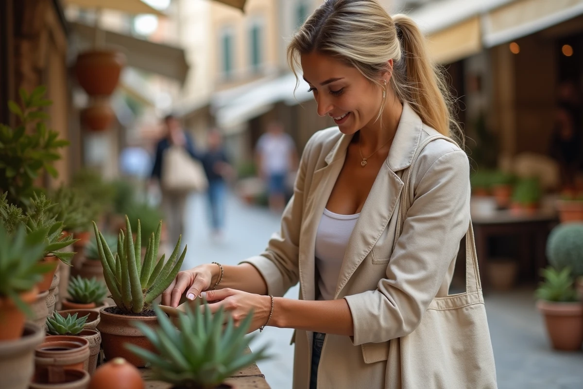 Voyageuse emballant une plante succulente achetée dans un marché méditerranéen pour la ramener dans ses bagages