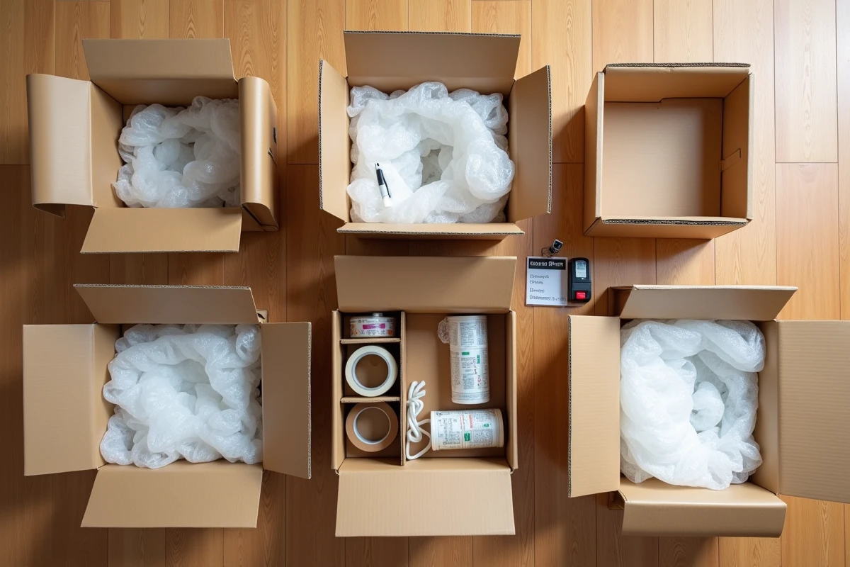 Vue du dessus de cartons ouverts avec matériel d'emballage pour un rangement organisé