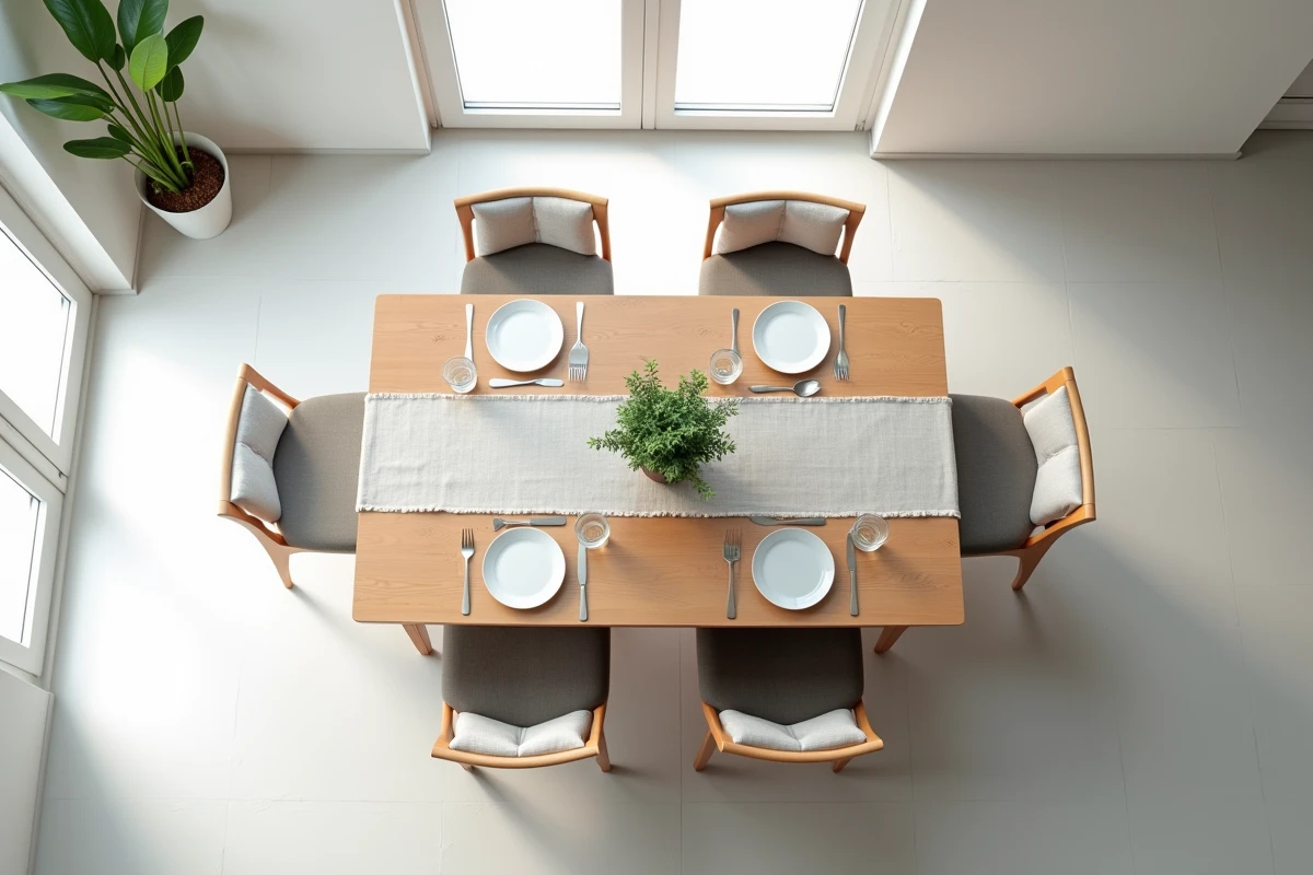 Vue aérienne d'une table de salle à manger avec espaces libres autour des chaises en style scandinave
