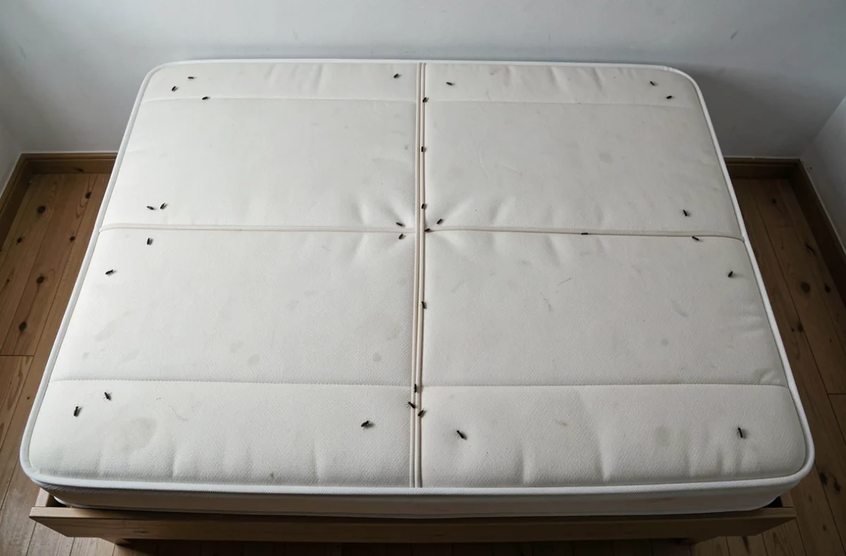 Vue de dessus d'un matelas dénudé avec des insectes noirs visibles près des coutures, inspection de lit