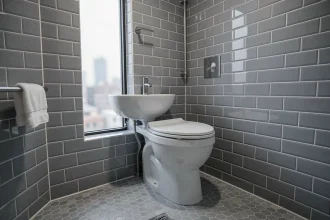 WC avec lave-main intégré monté au mur dans une petite salle de bain moderne en carrelage gris